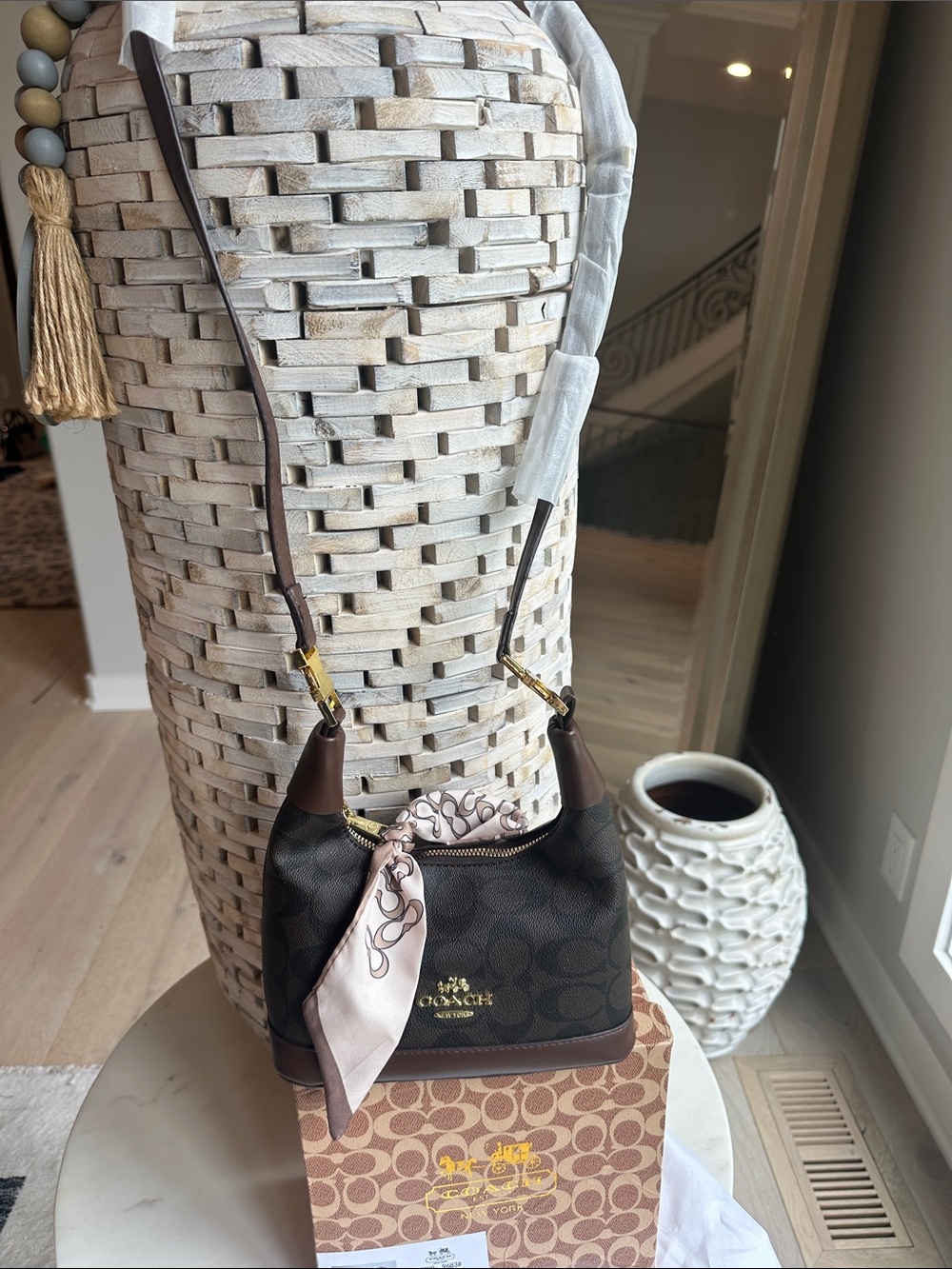 Coach Dark Brown Signature Mini Hobo with Beige Scarf - Picture 9 of 9